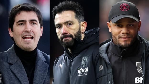 Une image divisée du manager de Rayo Vallecano Andoni Iraola (à gauche), du patron de West Brom Carlos Corberan (au centre) et du manager de Burnley Vincent Kompany (à droite)