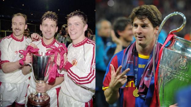 Image partagée des joueurs de Manchester United célébrant le triomphe de la Coupe des vainqueurs de coupe européenne en 1991 et Lionel Messi avec le trophée de la Ligue des champions en 2011