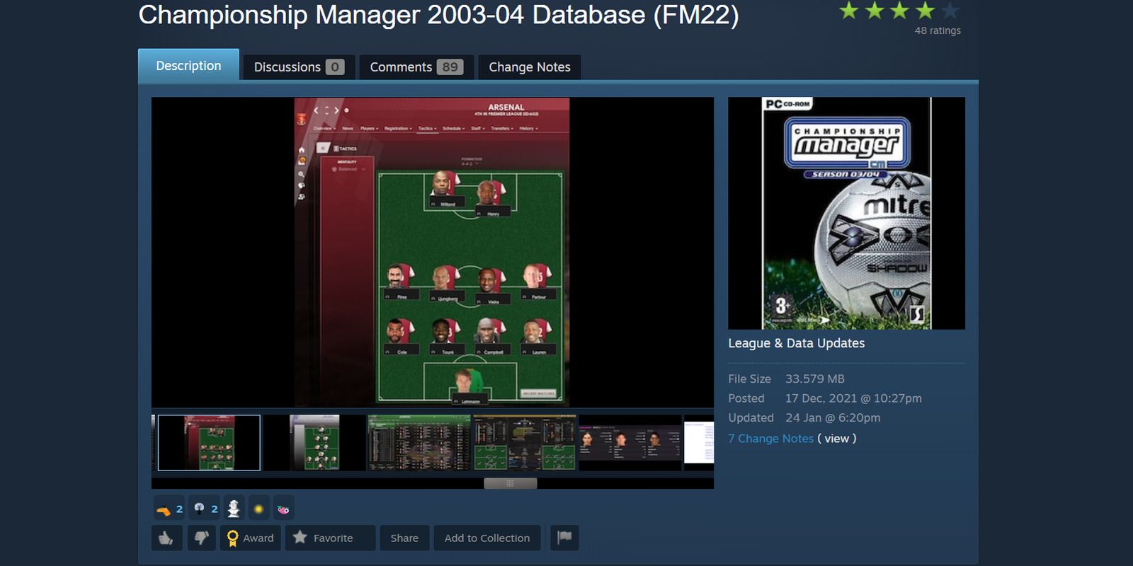 Page Steam du module de base de données de Championship Manager