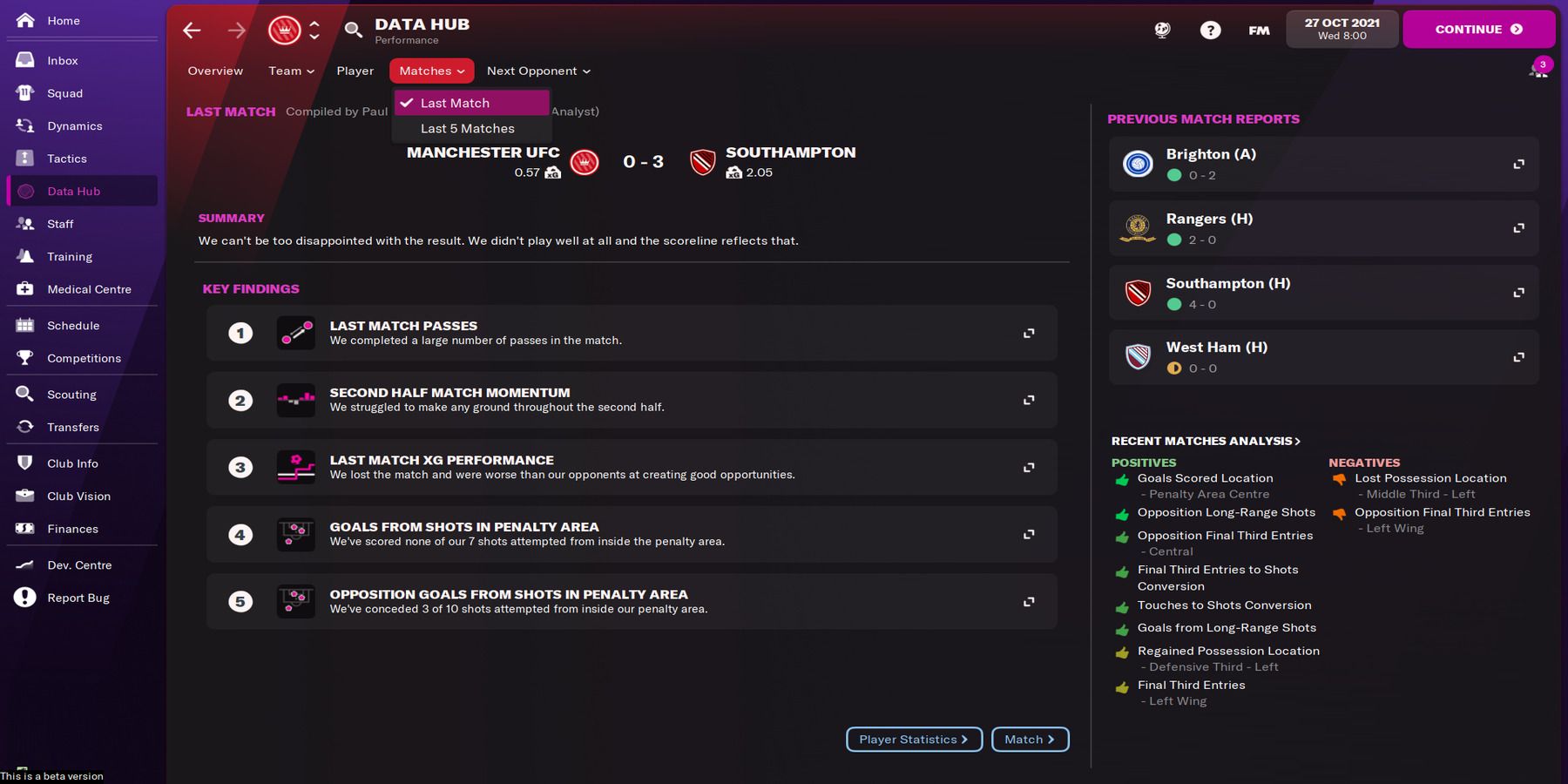 hub de données dernier match